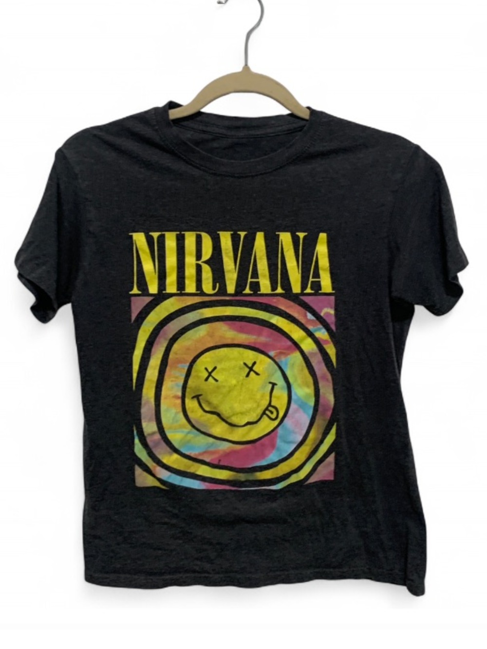 NIRVANA Gray Tie Dye Smiley Face Graphic Short Sleeve Band Tee Shirt